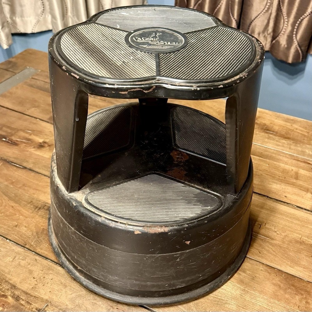 VTG 60s Cramer Kik-Step Black Library Kitchen Steel Rolling Stool 16x14" 350 lbs